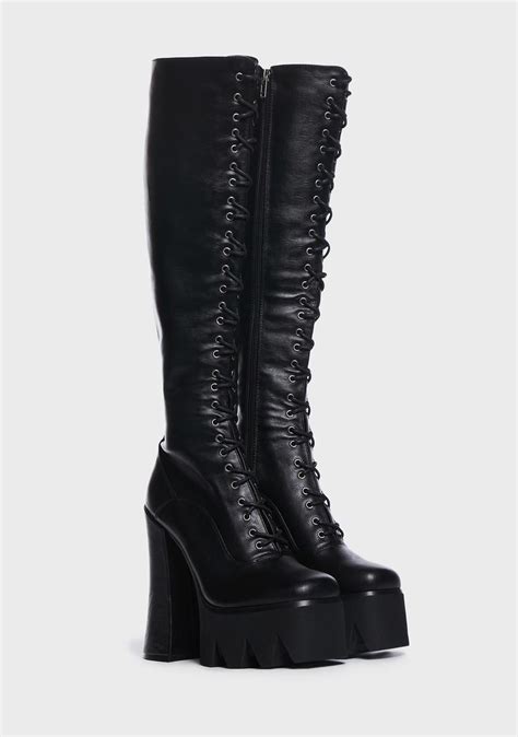 Lamoda Knee High Flared Heel Platform Boots Black Dolls Kill