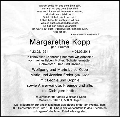 Traueranzeigen Von Margarethe Kopp Trauer In NRW De