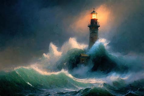 Lighthouse during storm at sea, oil or watercolor painting. 22633104 Stock Photo at Vecteezy