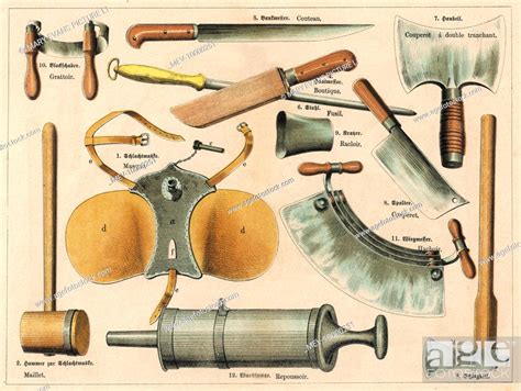 Tools used in butchery, including a mallet, a chopper, an axe, and ...