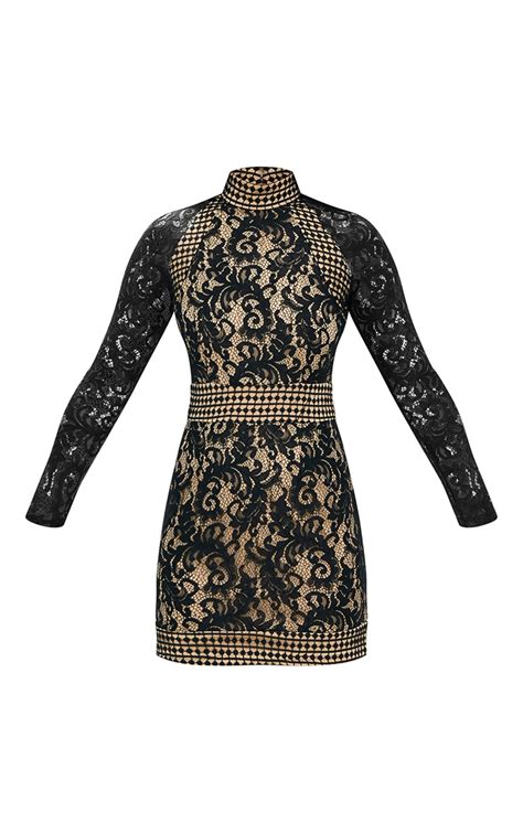 Black Lace High Neck Bodycon Dress. Dresses | PrettyLittleThing