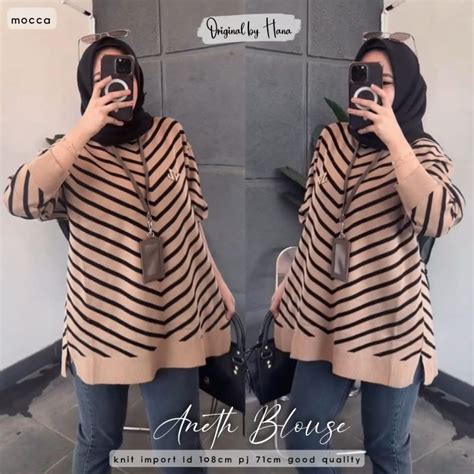 Jual Aneth Kaos Knit Ori Hana Knit Top Motif Garis Garis Sweater