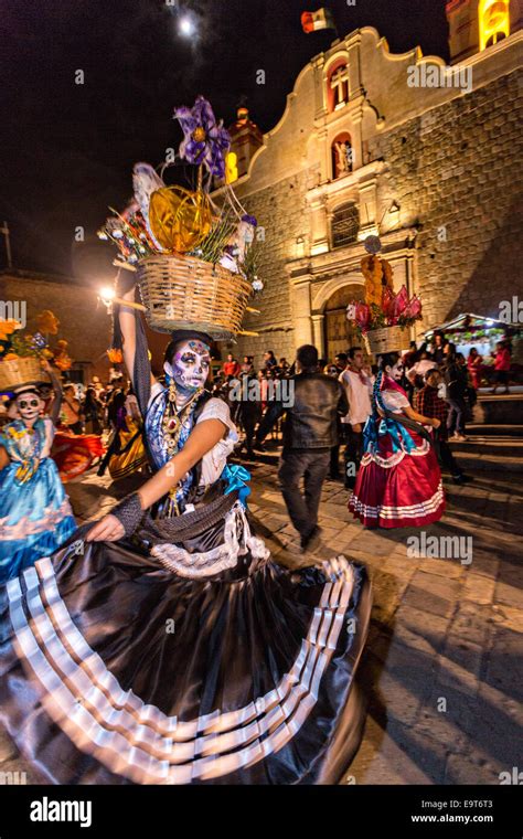 Costumed Dancers At A Comparsa Or Parade During The Day Of The Dead