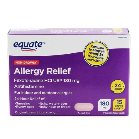 Equate Fexofenadine Allergy Relief Tablets, 180 mg, 15 Count - Walmart ...