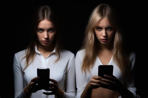 Premium Photo Two Women In White Shirts Holding Cell Phones In Their