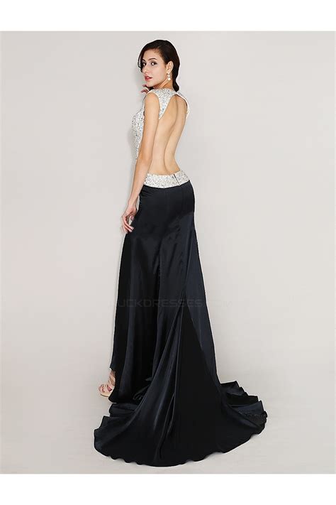 Sexy Backless Beaded Long Black Prom Evening Formal Party Dresses Ed