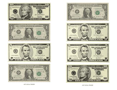 One, Five and Ten Dollar Bill Templates Download Printable PDF | Templateroller