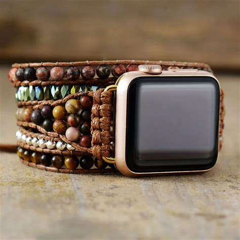 Creative Natural Stone Iwatch Band Beads Boho 5x Wrap Vegan Rope Watch Strap Wristband Tiger Eye