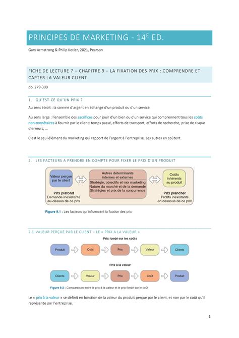 S8 Fiche De Lecture Le Prix Principes De Marketing 14 E Ed Gary