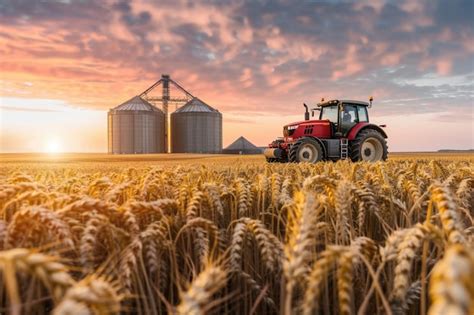 Premium Photo A Red Tractor In A Vast Farm Field Of Ripe Golden Wheat