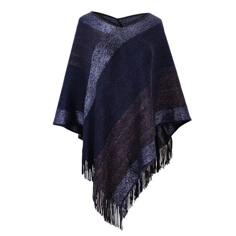 Women S Elegant Knitted Shawl Poncho With Fringed V Neck Striped