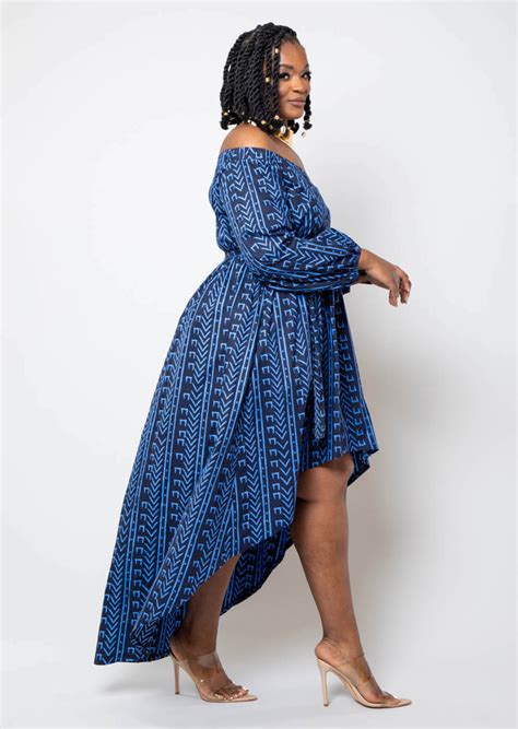 Afua Womens African Print High Low Off Shoulder Maxi Dress Blue Navy