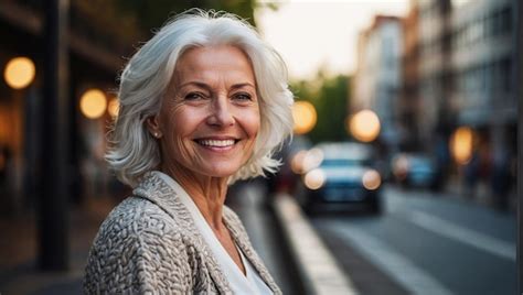 Premium Photo Attractive Smiling White Haired Mature Woman Posing In A City Street Looking At