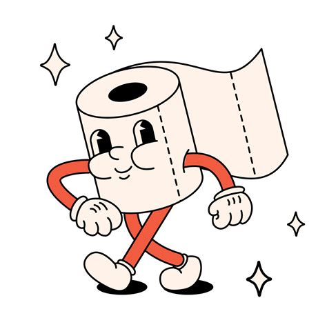 Funny happy cartoon toilet paper roll. The style of the 60s, 70s ...