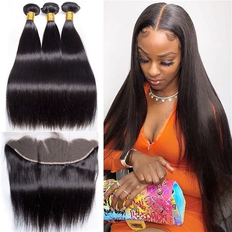 Bone Straight Human Hair Bundles 13×4 Lace Frontal Closure 100 Human