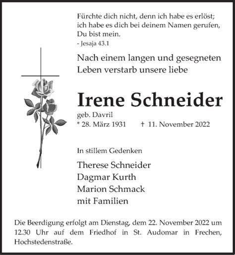 Traueranzeigen Von Irene Schneider WirTrauern