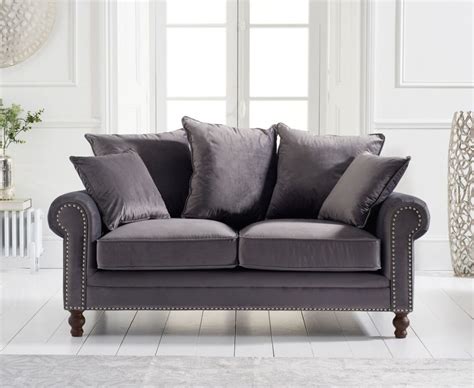 Grey plush velvet 2 seater sofa with cushions - Homegenies