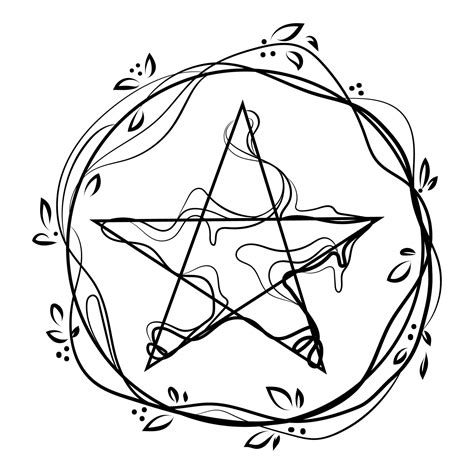 Pentagonal star graphic pentagram in a circle with branches and leaves ...