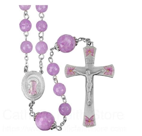 Pink Jade Gemstone Bead Rosary With Pewter Crucifix And Centerpiece