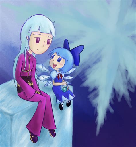 Safebooru 2girls Belt Blue Eyes Blue Hair Blush Bodysuit Bow Cirno Dress Frog Frozen Ice King