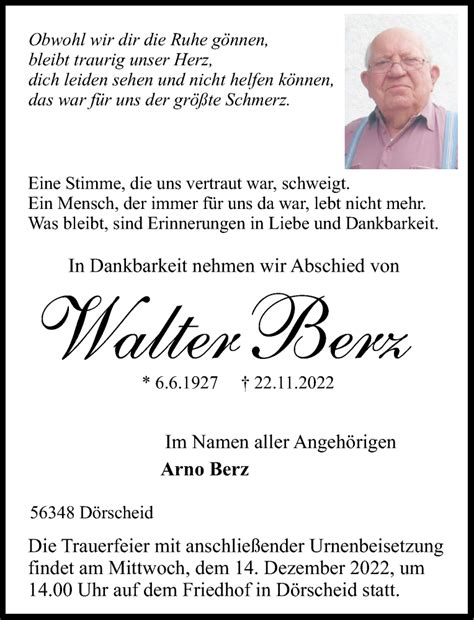 Traueranzeigen Von Walter Berz Rz Trauer De