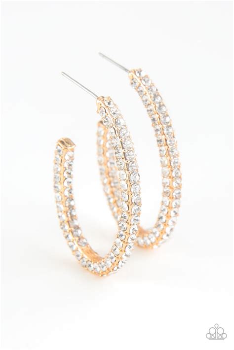 Paparazzi Big Winner Gold White Rhinestone Encrusted Hoop Earrings