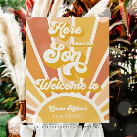 Editable Sunshine Baby Shower Here Come The Son Welcome Sign Retro