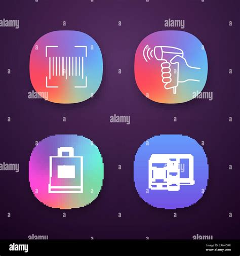 Barcodes App Icons Set Linear Code Handheld Barcode Scanner Shopping