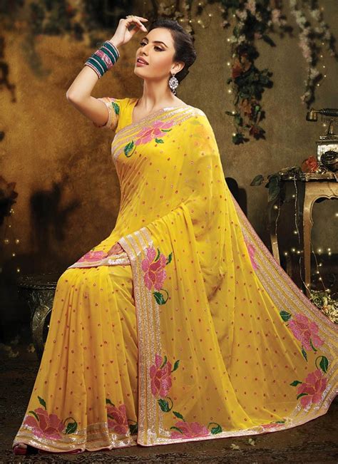 Yellow Zari Work Pure Georgette Saree