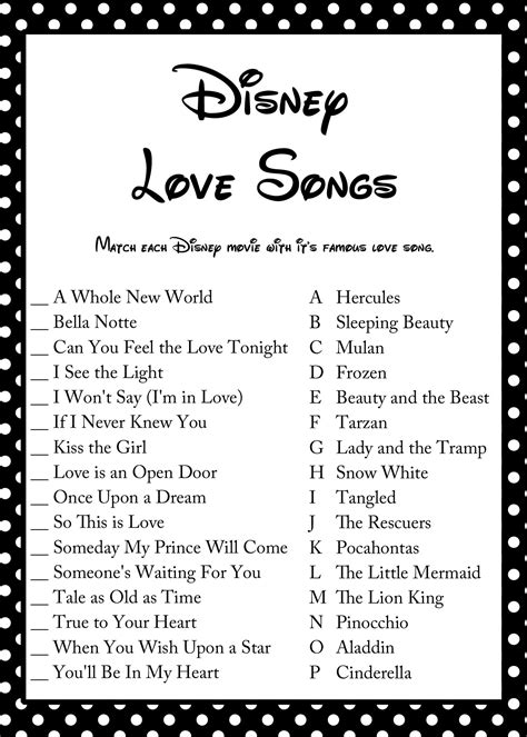 FREE Disney Love Song Bridal Shower Game