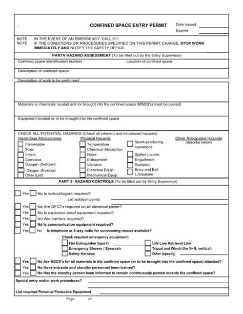 Confined Space Entry Log Sheet