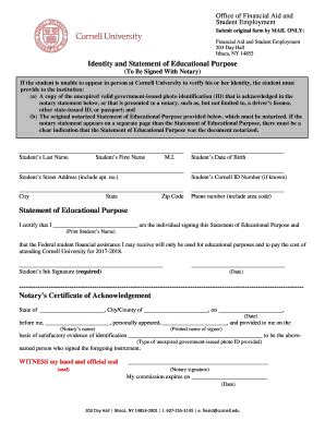 Fillable Online Finaid Cornell Submit Original Form By MAIL ONLY Fax