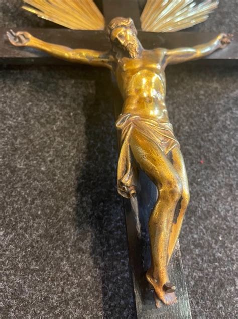 Proantic Bronze Crucifix With Silver Moldings And Cross With Ebony Ba