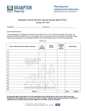 Fillable Online Brampton Walk A Thon Pledge Form City Of Brampton