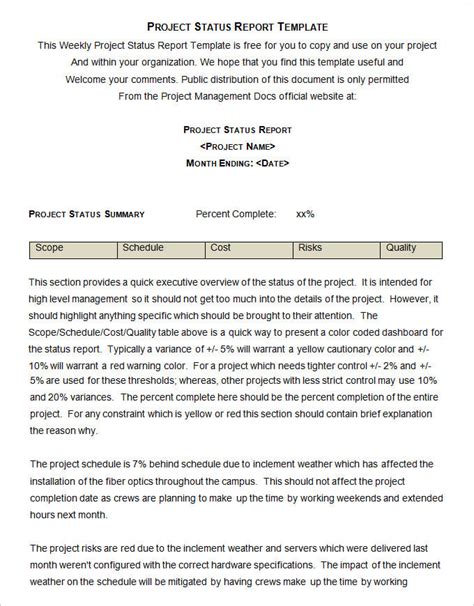 Sample Project Status Report Template