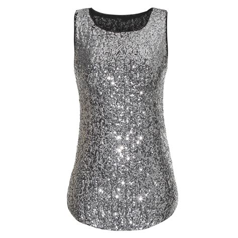 Glitter Sequins Women Tank Fashion Shimmer Flashy Embellished O Neck Sleeveless Vest Tank Tops