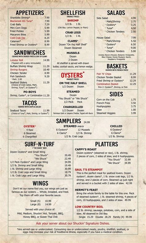 Menu Of Shuckin Shack In Summerville Sc 29483