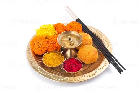 Beautifully Decorated Pooja Thali For Festival Celebration To Worship