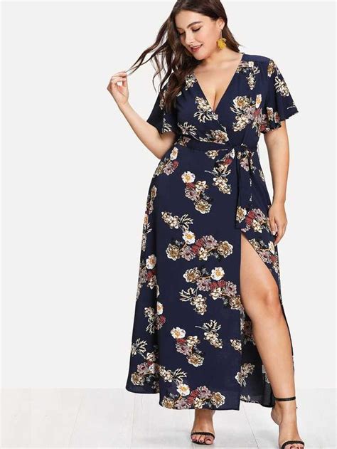 Shein Plus Surplice Wrap Botanical Dress Plus Size Dresses Plus Size