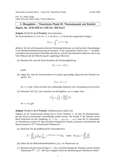 Hausaufgabenblatt 4 Theoretische Physik IV Thermodynamik Und