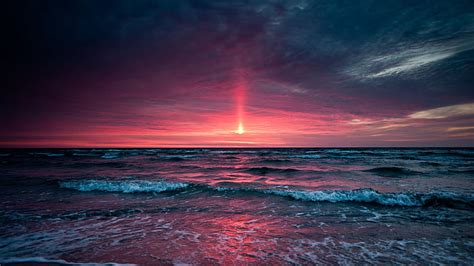 Hd Wallpaper Decline Sea Evening Waves Horizon Sky Pink Gray