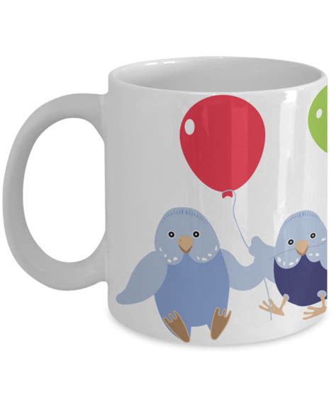 3 happy parakeets dancing around a mug. https://www.gearbubble.com/party-parakeets | Parakeet ...