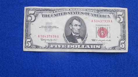 Vintage 5 Five Dollar Bill Red Seal Circulated 1963 Miscut On Left