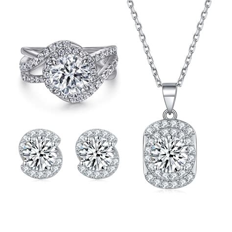 Jewelry Set Round Double Halo Sterling Silver Set Prong Setting Buy