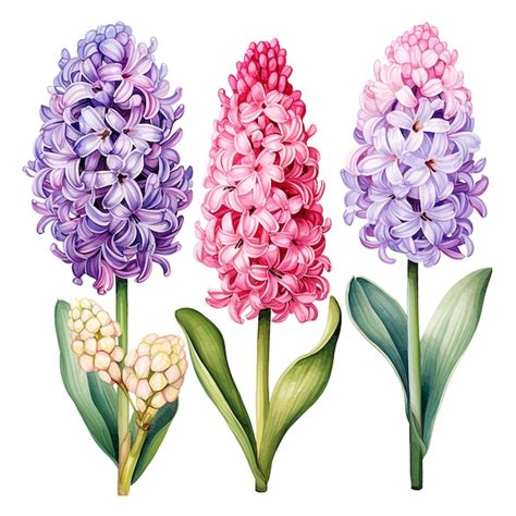 Premium Photo Watercolor Drawing Of Hyacinth Flowers Set Of Pink And