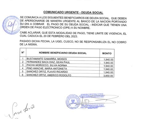 Comunicado De Deuda Social Ugel Cusco