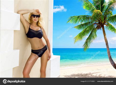 Beautiful Sexy Bikini Woman Posing Caribbean Beach Stock Photo