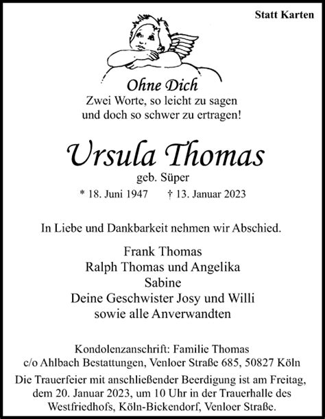 Traueranzeigen Von Ursula Thomas Wirtrauern