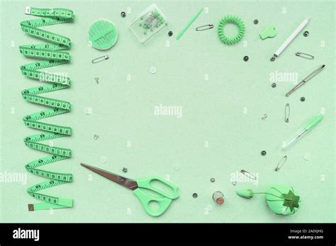 Sewing Kit On A Mint Green Background View From Above Stock Photo Alamy