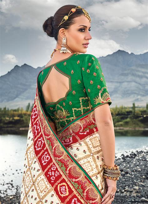 Buy Engagement Saree In New York Off White And Green Multi Embroidery Bhandhej Satin Silk Saree